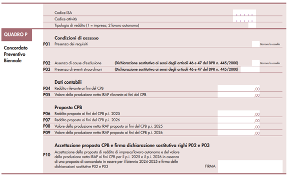 quadro P Concordato preventivo biennale